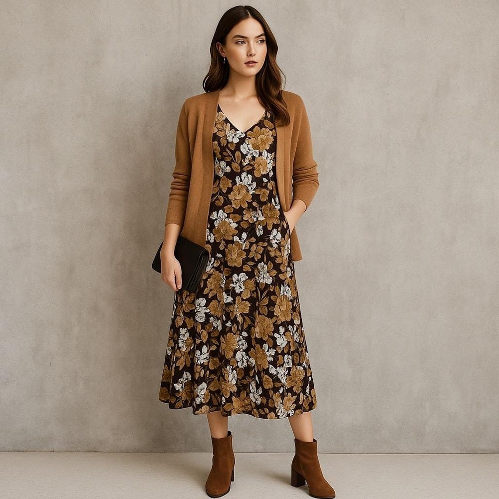 Evan-Picone‎ Brown Gold White Floral Sleeveless Midi Dress Size 4 V-Neck Vintage